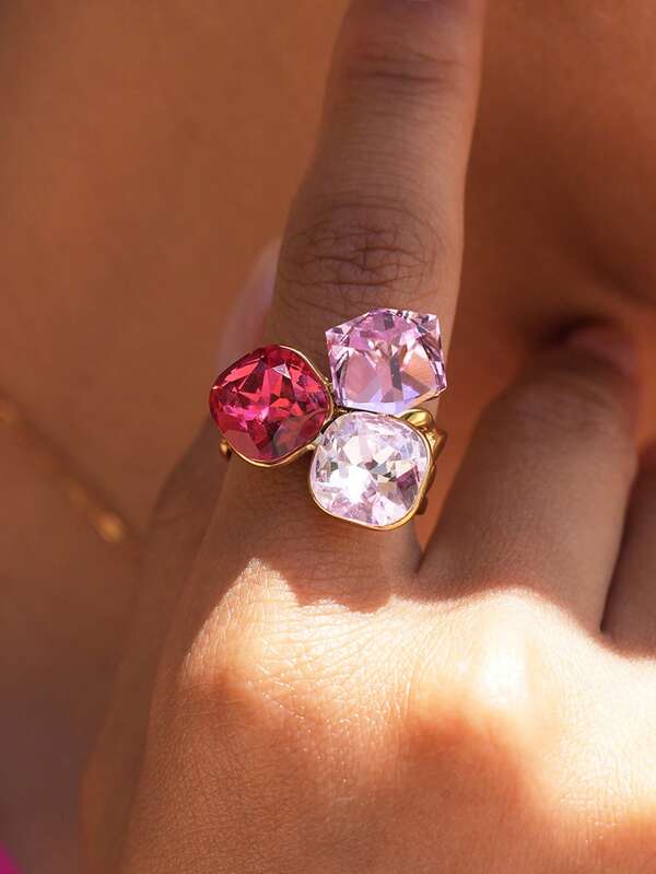 1pc Pink Crystal 18K Gold Plated Stainless Steel Ring For Women, Luxury Women's Jewelry, Suitable For Daily Wear, Vacation, Holiday Gift