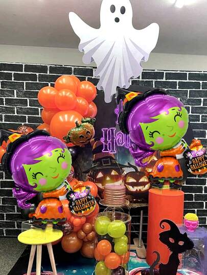 2 Peças Balões de Folha de Alumínio com Tema de Bruxa de Halloween, Adequado para Decorações de Festa com Tema de Halloween, Bruxa Fofa de Halloween, Decorações de Festa de Fantasma, Suprimentos de Decoração de Cena de Quintal de Halloween