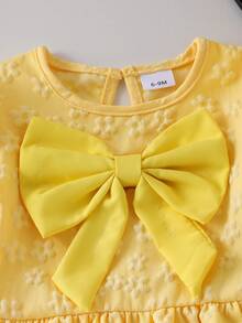 Baby Girl Sweet Style 2-Piece Set, Fresh Yellow 3D Big Bow Ruffle Lantern Sleeve Casual Pullover Top + Bow Decor Denim Wide Leg Pants, Spring/Autumn Outfit - Yellow - View 7