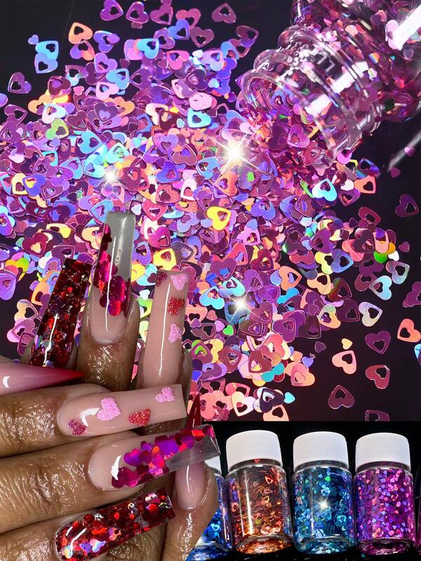 9 Jars Laser Hollow Heart Nail Sequins,Holographic Rainbow Mini Butterfly Nail Glitter Flakes ,Rose Pink Laser Gold/Blue Thin Soft Nail Art Accessories Salon Home DIY Manicure Supplies