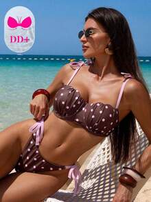 Voyashape Conjunto de bikini con sujetador con aros y relleno con forma de concha, tirantes y anudado en la cintura para mujer, estilo sexy talla DD+ - Marrón - Ver 8