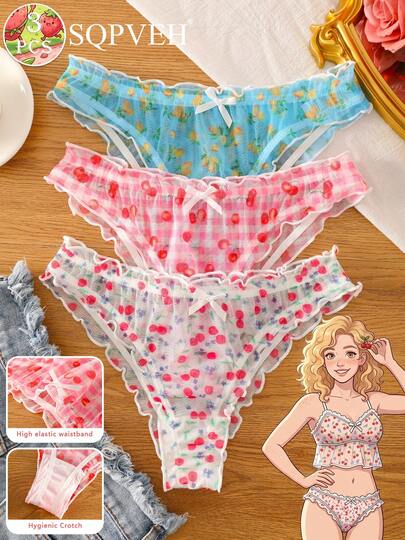 SQPVEH 3 Piecescute And Delicate Mesh Lettuce-Edge & Bow Underwear Set