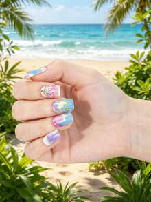 16pcs/1sheet Colorful Flower Gold Graduation Nail Stickers, Waterproof, Home DIY, Suitable For Back To School, Summer Beach, Vacation, Graduation Gift, Winter Nail Art, Full Coverage Self-Adhesive UV-Free Nail Stickers - Multicolor - View 8