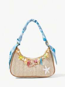 Viva Strut 1 pieza Bolso de paja de vacaciones de verano junto al mar, bolso de hombro con decoración de concha y estrella de mar, con correa de pañuelo de seda rosa para el sobaco, bolso de - Albaricoque - Ver 1