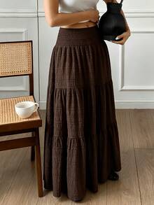 1pc Solid Color Casual Bohemian Elegant Polyester Ruffle Hem Women's Skirt Summer - Coffee Brown - View 3
