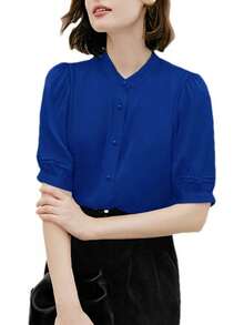 Blusa de manga corta con cuello alto y seda para mujer con pliegues y botones para oficina - Negro - - Ver 9