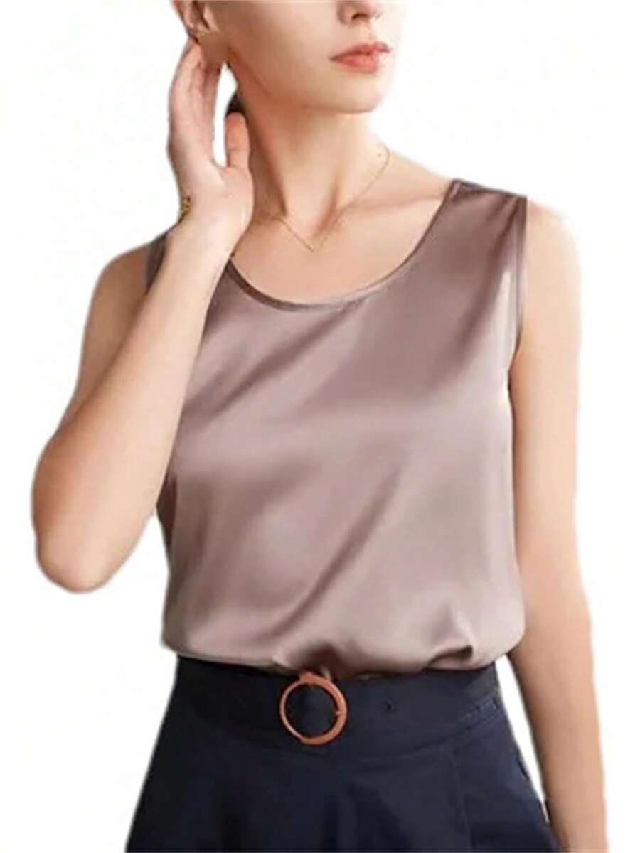 Charmeuse - playera sin mangas de satén para mujer, blusa de verano elegante de satén - Negro - Ver 1