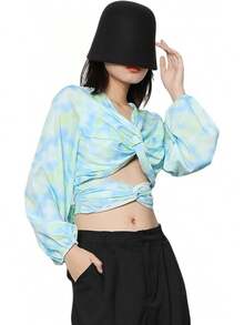 Blusa de Manga Larga con TeñIdo Anudado a la Moda para Mujer, Blusa Elegante con Lazo Sin Espalda y Nudo Torcido - Azul - Ver 8