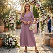 Genérico Vestido Largo de Lino de Algodón para Mujer,Manga 3/4,Vestido de Moda con Cremallera Trasera,Vestidos Largo Casual,para Playa,Invitado - Blanco - Ver 3