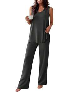 - Conjunto de pijama para mujer, sin mangas, cómodo conjunto de playera sin mangas y pantalones con cuello en V, 2 piezas, S-XXL - Raya gris - Ver 9