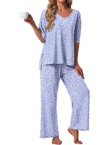 PrinStory - Conjunto de pijama de manga corta para mujer, conjunto de pijama de 2 piezas para mujer, cómodo ropa de descanso con bolsillos - Estrella rosa Fp - Ver 10