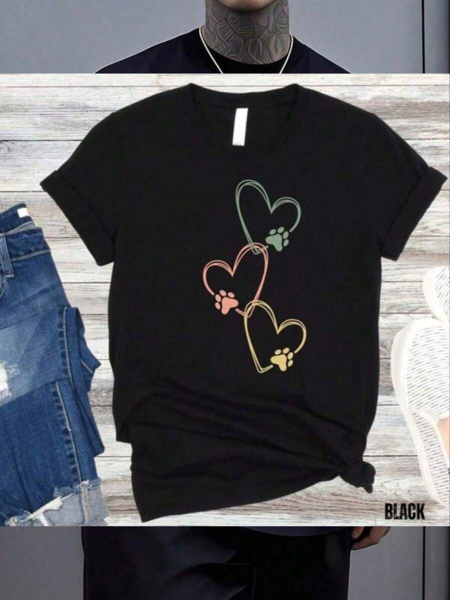 Camiseta Unisex Huella de Perro y Corazón. Ideal Regalo para Mamás y Amantes de los Animales. - Negro - Ver 1