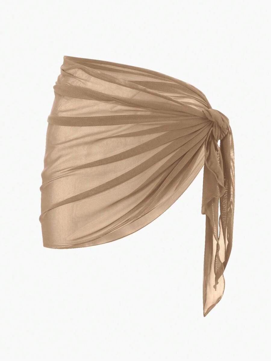 Solid Color Mesh Swim Basics Skirt For Beach And Resort, Ideal For Summer Beach Vacations. XUQA - 駝色 - 查看 1