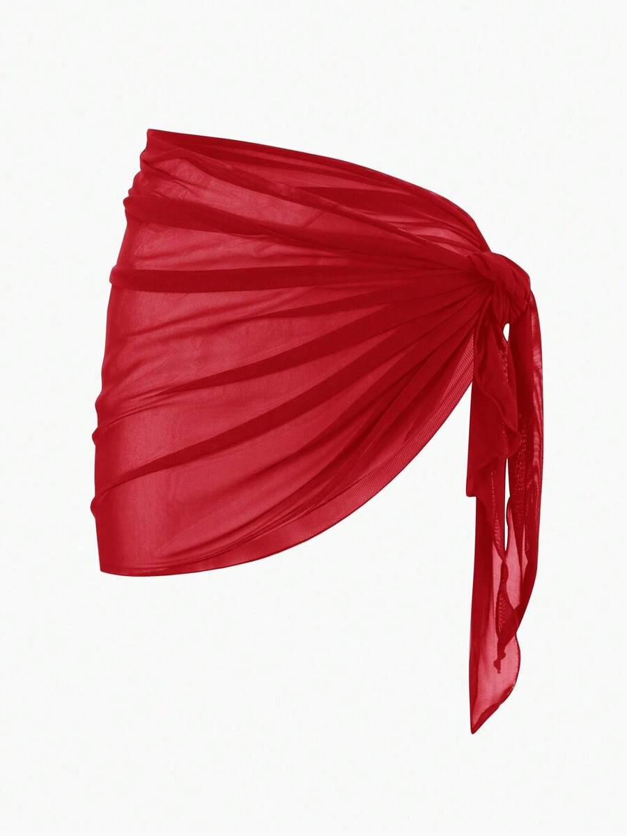 Solid Color Mesh Swim Basics Skirt For Beach And Resort, Ideal For Summer Beach Vacations. XUQA - 紅色 - 查看 1