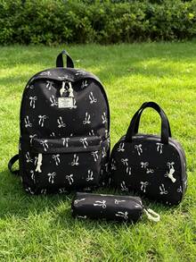 3pcs Fashionable College Style Bow Print Backpack Set, Including Backpack, Lunch Bag And Pencil Case, With Laptop Compartment, Adjustable Shoulder Straps And Multiple Pockets, Large Capacity Student Backpack Set, Multi-Functional Daypack Set, Suitable For Girls/College Students/Graduate Students Daily Use/Vacation/Travel/Back To School - Multicolor - View 9