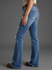 New Women's Washed Distressed Casual Versatile Frayed Hem Jeans - Dark Wash - View 2