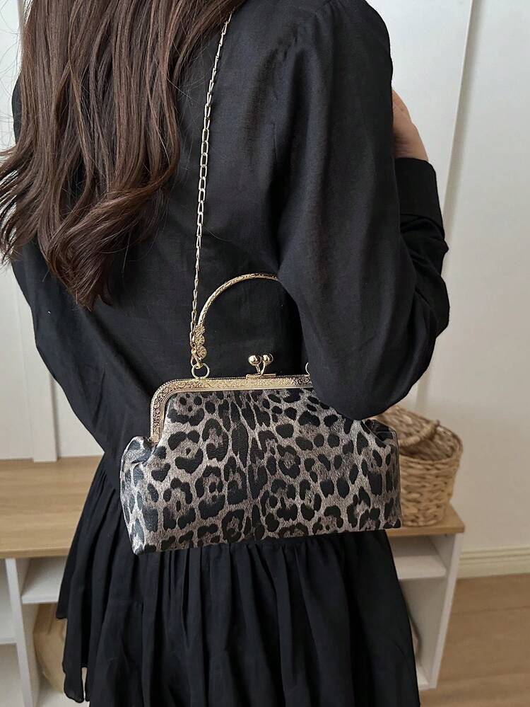 Leopard Print Fashion Clasp Women's Handbag, Elegant Tote Bag For Party And Shopping, Random Pattern Placement - Black - View 3