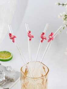1/2/5/12PCS Romantic Pink Flamingo Glass Straw For Milk Tea, Juice And Smoothies. Perfect Decorative Accessory For Birthdays, Wedding Ceremonies And All Holiday Gift Selections. - View 2