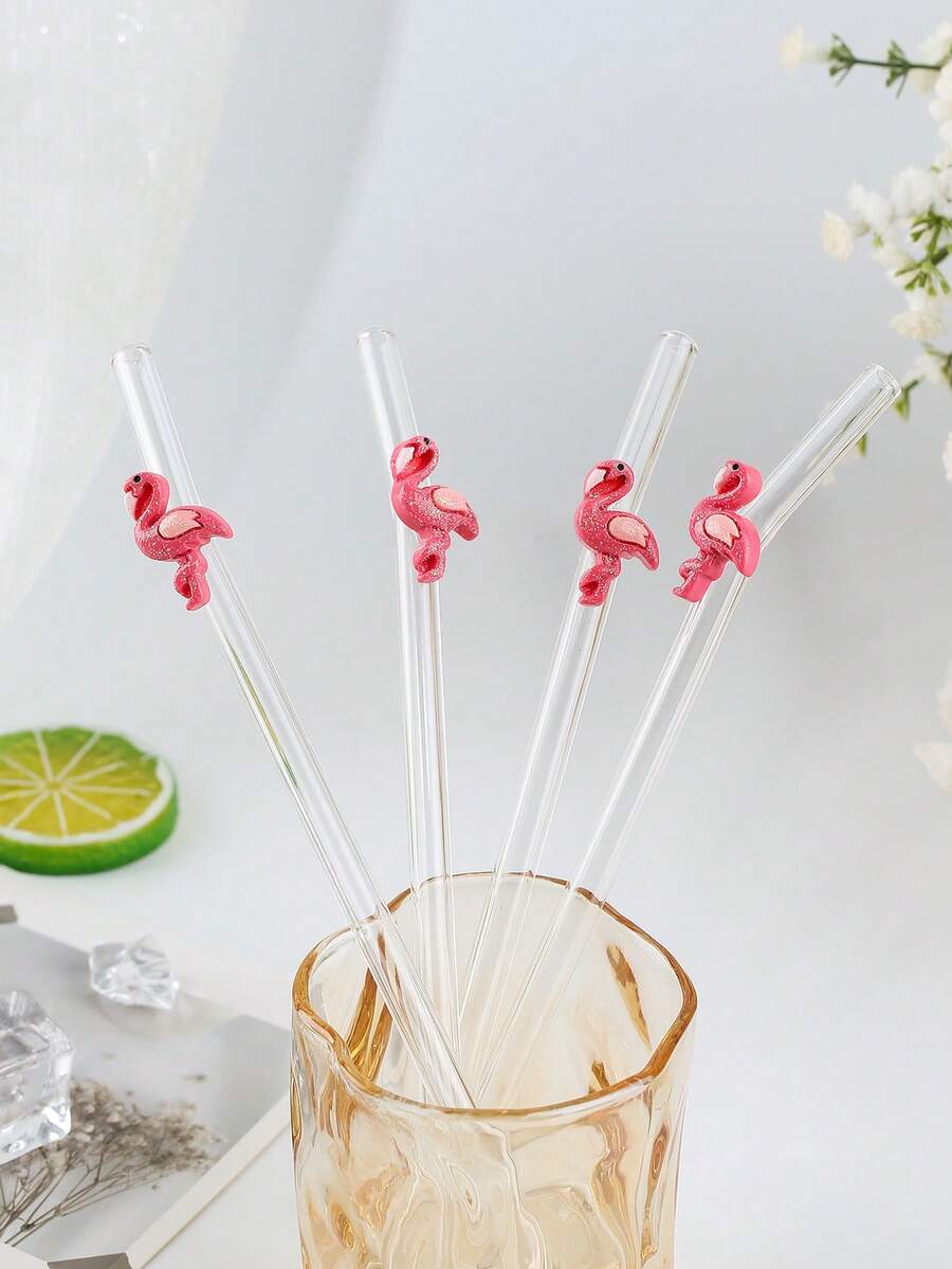 1/2/5/12PCS Romantic Pink Flamingo Glass Straw For Milk Tea, Juice And Smoothies. Perfect Decorative Accessory For Birthdays, Wedding Ceremonies And All Holiday Gift Selections.