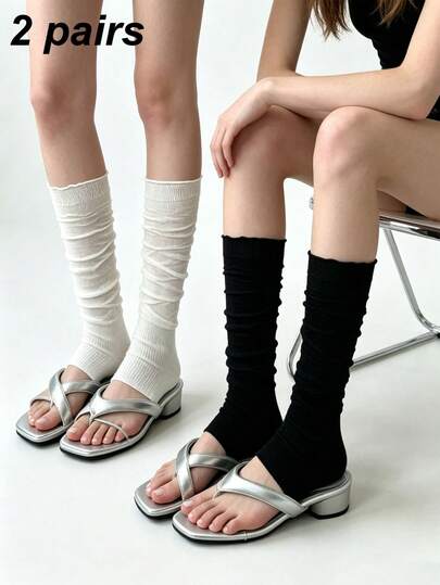 2 Pairs Women's Summer Black & White Leg Warmers, Comfortable Breathable Soft, Ballet Leg Warmers, Suitable For Daily Wear, Yoga, Back To School Season, All Season