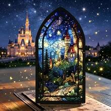 Gothic Stained Glass Fantasy Castle Acrylic Desktop Decor Wooden Starry Sky Bookend House Mori Style Bookshelf Fantasy Enthusiast Gift Decorative Book Room Decor - 1PC - View 7