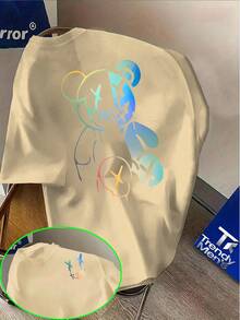 Street Style Printed T-Shirt With Gradient Color Cool Bear Pattern And Creative Graffiti Design, Perfect For Daily Wear To Showcase Personality - 白色 - 查看 9