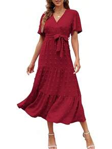 COLIZAMX Vestido Largo para Mujer de Verano con Cuello en V Vestido Elegante de Sólido Manga Corta - Verde oscuro - Ver 8