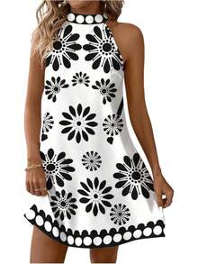 - Vestido corto sin mangas con estampado floral para mujer, cuello halter, línea A - Negro y blanco - Ver 27