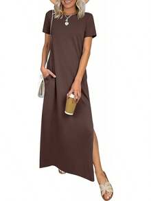ANRABESS - Vestido largo casual de verano para mujer, manga corta, cuello redondo, dividido, sin arrugas, para viajes, playa, día festivo - Verde bosque - Ver 1