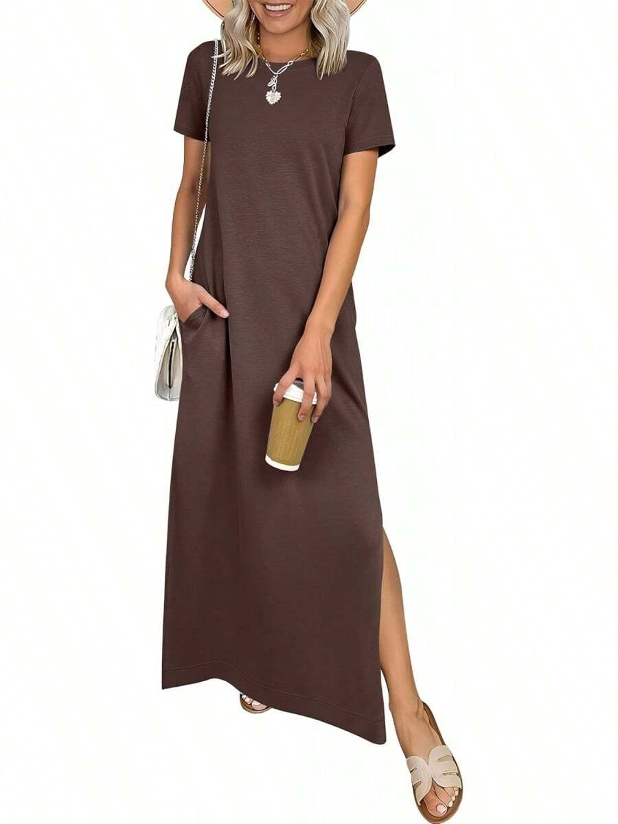 ANRABESS - Vestido largo casual de verano para mujer, manga corta, cuello redondo, dividido, sin arrugas, para viajes, playa, día festivo - Verde bosque - Ver 1