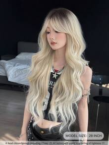 NAMM 28-Inch Extra Long Wavy Light Golden Wig For WomenWith Curtain Bangs Dark Roots, Synthetic Fiber Hair Full Machine Costume Hair Wigs For Cosplay Decoration Music Festival Dance Party Street Wear Use-Beginners Glueless Wig Accessories - Gold - View 4
