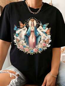 Women's T-Shirt With Religious Art Of The Virgin Mary With Butterflies And Flowers, Casual Summer Wear, Gift For Religious Friends. Summer T-Shirts - 黑色 - 查看 1