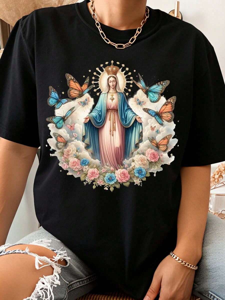 Women's T-Shirt With Religious Art Of The Virgin Mary With Butterflies And Flowers, Casual Summer Wear, Gift For Religious Friends. Summer T-Shirts - 黑色 - 查看 1
