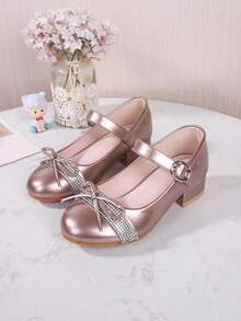 New Girls' Princess Shoes With Rhinestone Bow High Heel Shoes, Dance & Party Wear - Champagne - View 9