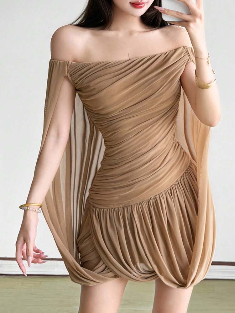 Women's Eye-Catching Sleeveless Off-Shoulder Fitted Mini Dress, Backless Design, Asymmetrical Hem, Knitted Fabric - Khaki - View 4