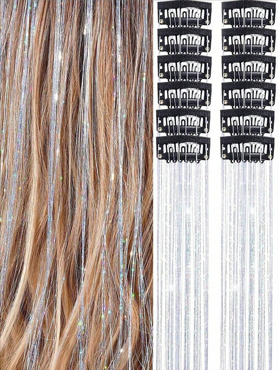 12pcs Seamless Hair Extensions Laser Gold Shiny Colorful Ribbon Straight Hair Pieces Dyed Faux Colorful Hair Decoration - View 1