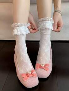 1 Pair -Style Lace Trim Mid-Calf Socks For Women, Lolita Bow-Knot Leg Warmers, Spring/Autumn Ballet Style JK Slouch Socks - Multicolor - View 3