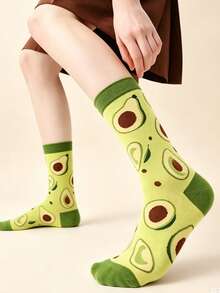 1 Pair Women's Avocado Jacquard Mid-Calf Socks, Spring/Autumn/Winter Artistic Casual Socks, Fruit Pattern, Personalized & Cute, Suitable For Daily Wear - Multicolor - View 5