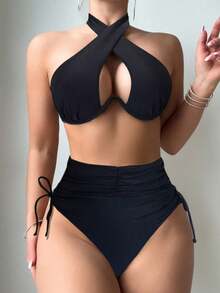 Swim Vcay Conjunto de bikini de verano para mujer 2026 de unicolor con escote halter y recortes sexy con aros, traje de baño - Negro - Ver 4