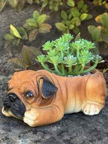 1pc Creative Realistic Pug Dog Planter Statue, Indoor Courtyard Garden Home Decor Craft - Pug - View 3