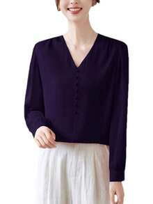 Blusa de manga larga plisada de seda con abalorio y cuello en V para mujer - Morado - Ver 1
