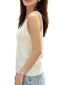 playera sin mangas de punto con cuello en U para mujer, sin mangas, ajuste ajustado, hueca - Blanco - Ver 3