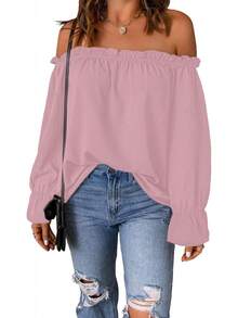 Spriolim - Blusa de gasa de manga larga con volantes y hombros descubiertos para mujer - Rojo vino - Ver 13