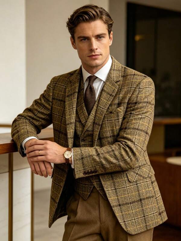 Men's Vintage Brown Plaid Tweed Single-Breasted Business Casual Blazer, Suitable For Office And Daily Wear