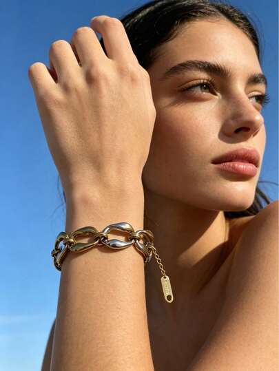 Tone Chunky Irregular Link Bracelet, 18K Gold Plated Titanium Steel, Mix Gold Silver Color Statement Bracelet For Women Daily Stackable Jewelry Gift