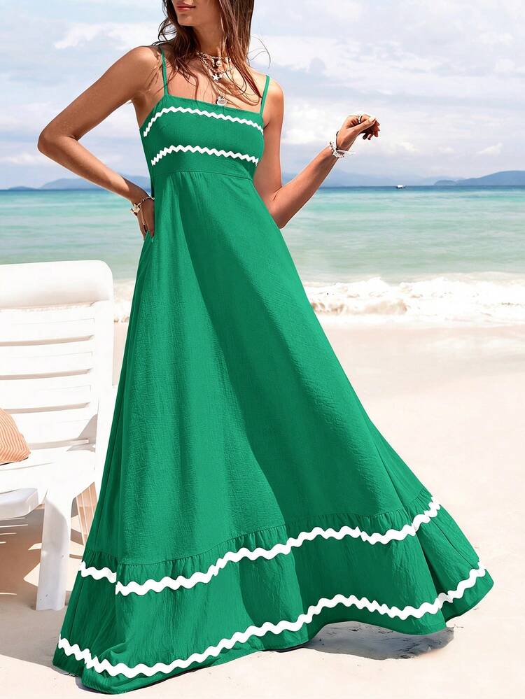 Women's Summer Flowy Maxi Dress Vestidos Casual Sleeveless Strap Ruffle Wedding Guest Graduation Beach Party Travel Vacation Long White Dresses - 綠色 - 查看 1