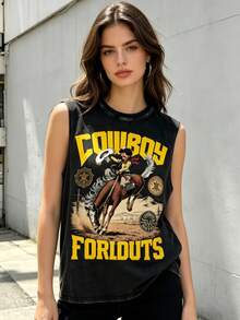 Retro Western Cowboy Sleeveless Vest Washed Cotton Breathable Fabric, Comfortable For Outdoor Wear Unisex American Street Style - 黑色2 - 查看 5