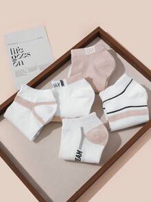 5 Pairs Women's Pink Short Socks, Premium Breathable Sweat-Absorbing Striped Design, Assorted Color Women's Boat Socks - Multicolor - View 5