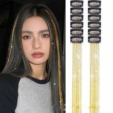 12pcs Seamless Hair Extensions Laser Gold Shiny Colorful Ribbon Straight Hair Pieces Dyed Faux Colorful Hair Decoration - View 1