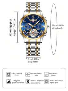 VA VA VOOM 男士手錶 41mm 飛行員系列 不鏽鋼錶帶 原裝石英機芯 螢光日期顯示 男士運動軍事風手錶 金色 & 銀色 & 黑色 - 金色 - 查看 3